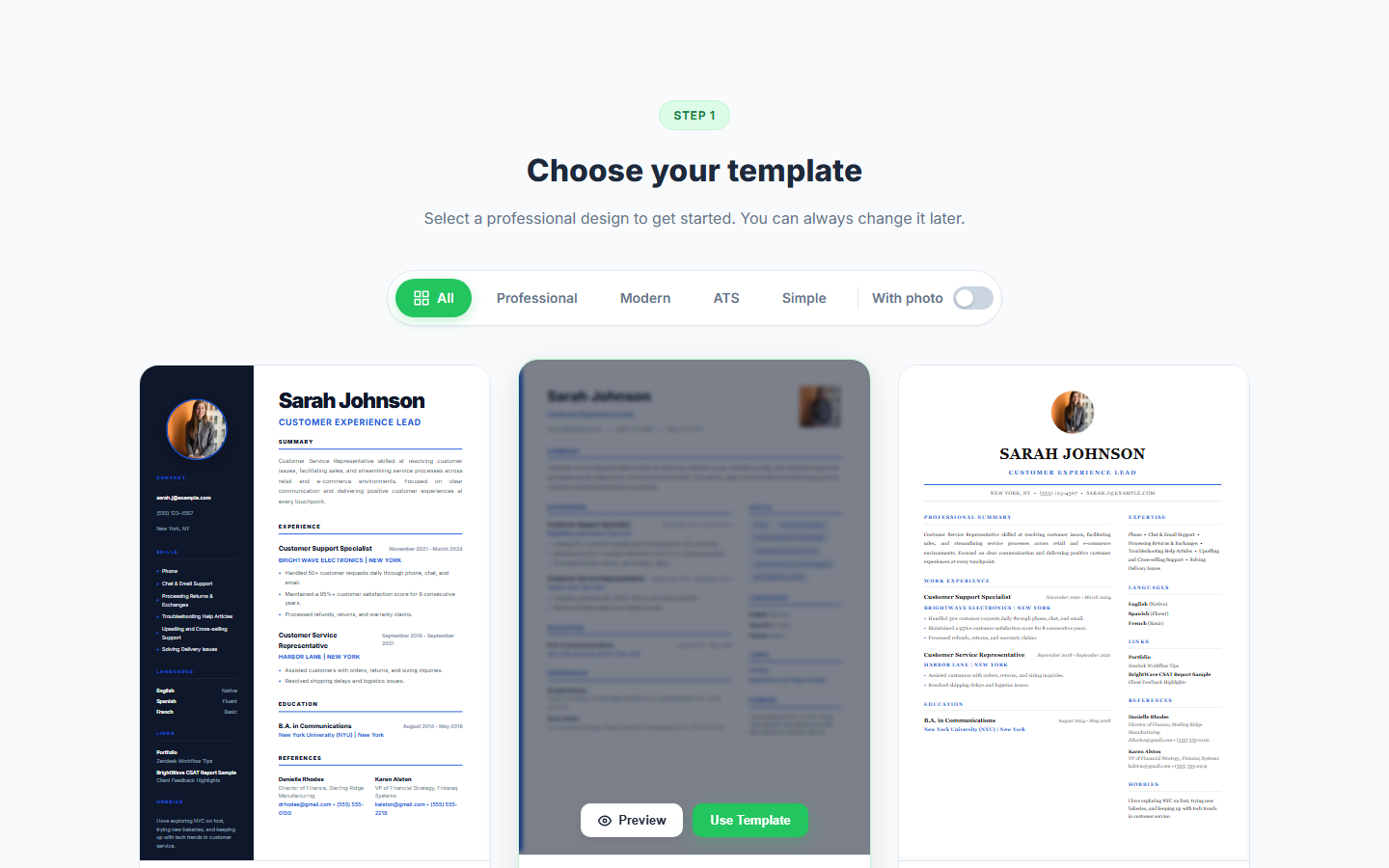 Raha CV Maker template picker with professional resume templates