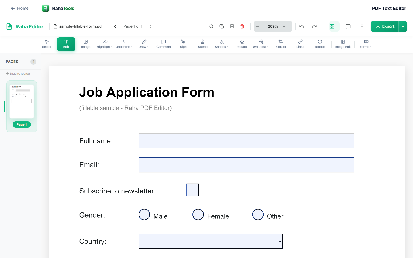 Raha Tools PDF Editor open and editing a real document in the browser