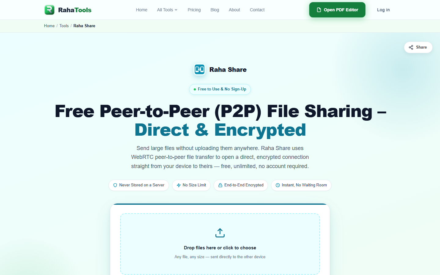 Raha Share peer-to-peer file transfer landing page