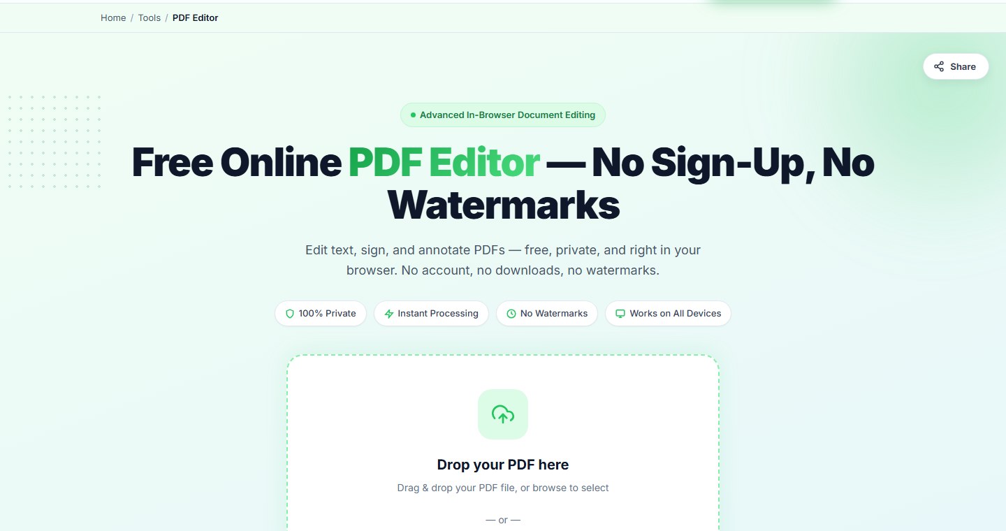 Raha PDF Editor upload screen with a drag-and-drop box and a green Browse PDF button