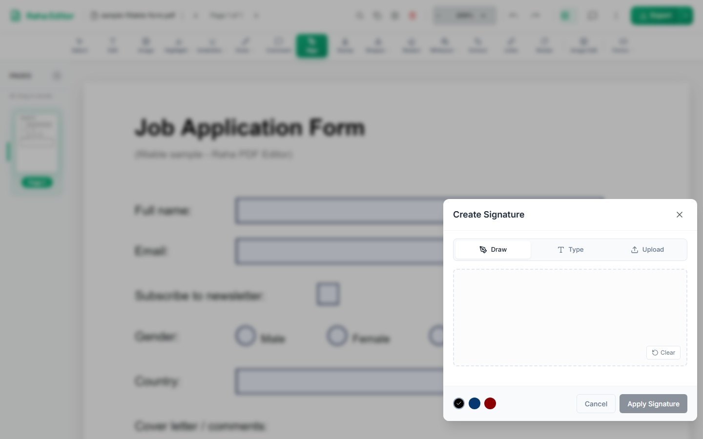 Raha PDF Editor Create Signature dialog with Draw, Type and Upload tabs