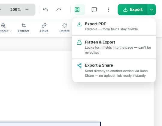 Raha PDF Editor export menu showing Export PDF, Flatten and Export, and Export and Share options