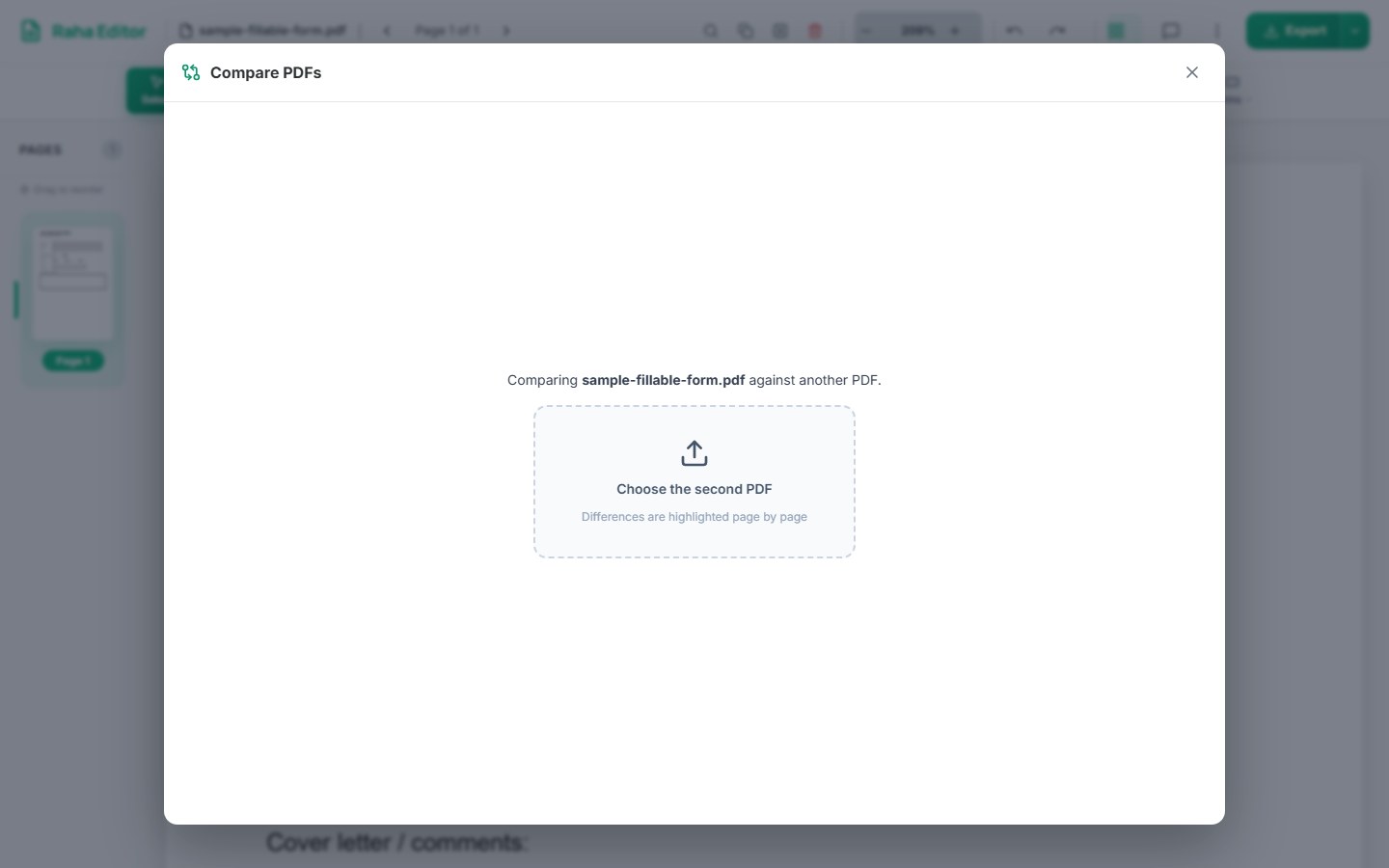 Raha PDF Editor Compare PDFs window asking to choose a second PDF to compare against