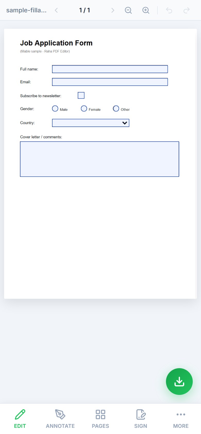 Raha PDF Editor on a mobile phone screen with a bottom tab bar for Edit, Annotate, Pages, Sign and More