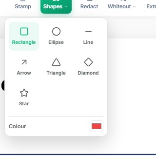 Raha PDF Editor Shapes menu showing rectangle, ellipse, line, arrow, triangle, diamond, star and a colour swatch