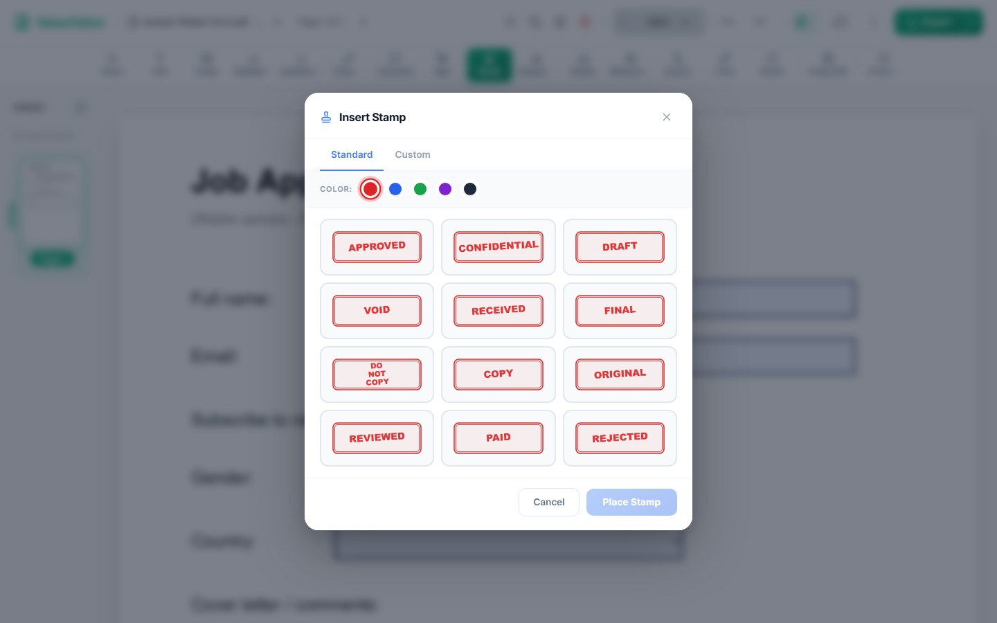 Raha PDF Editor Insert Stamp dialog showing Approved, Confidential, Draft and other standard stamps with a color picker