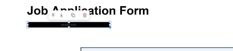 A solid black REDACTED box drawn over a line of text in Raha PDF Editor