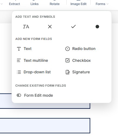 Raha PDF Editor Forms menu showing text and symbols, new form fields like radio button and checkbox, and a Form Edit mode toggle