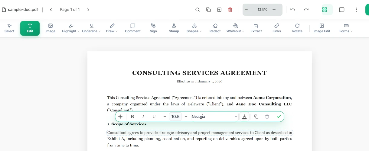 Raha Tools PDF Editor showing a text block selected with the floating formatting toolbar open, mid-edit