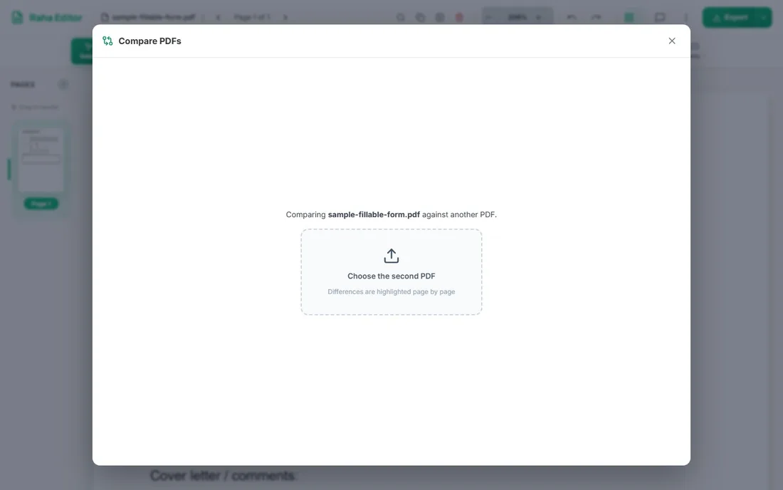 Raha PDF Editor Compare PDFs screen for checking two versions of a document against each other
