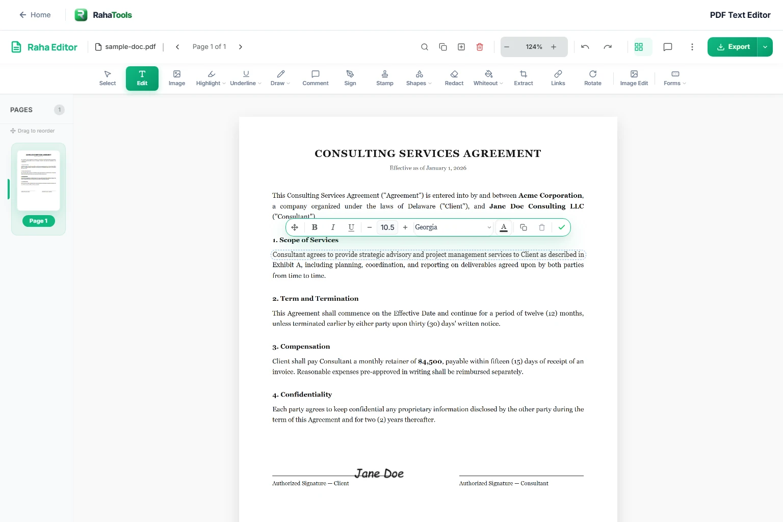 Raha Tools PDF Editor — edit text, annotate and highlight, insert images, organize pages, and export, shown directly in the browser interface