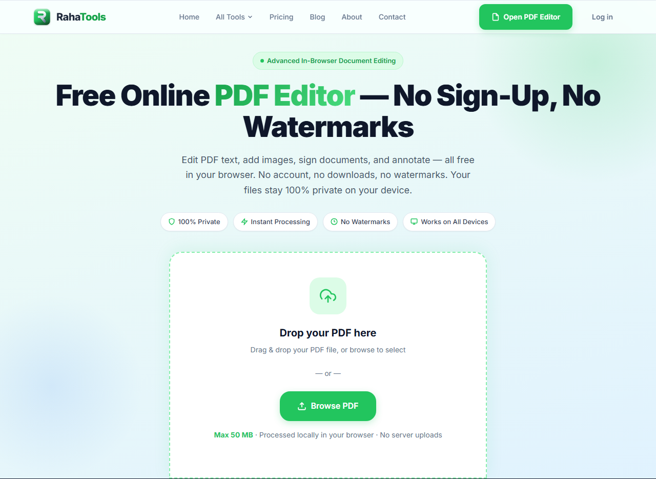 Raha Tools PDF Editor drop zone — drag and drop a PDF to start editing, no account or upload wait required