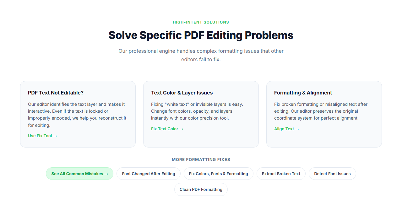 Raha Tools PDF Editor's problem-solving section, showing dedicated fixes for text not editable, color and layer issues, and formatting and alignment