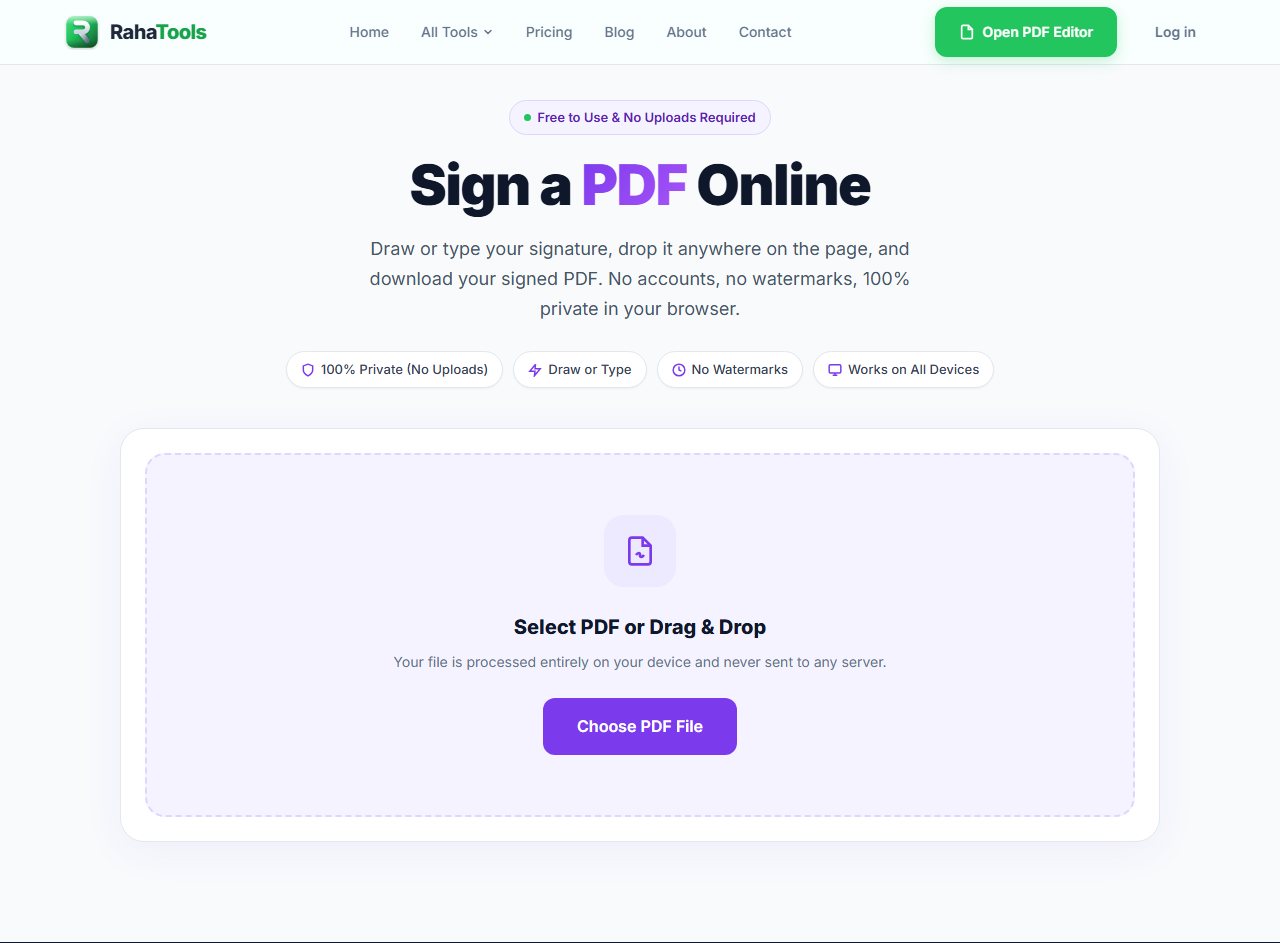 Raha Tools Sign PDF interface, used to add a signature to a document before it becomes the final, executed record