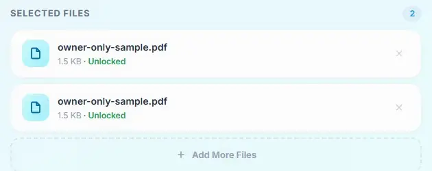 Two PDFs marked Unlocked in Raha Tools moments after upload, with no password typed