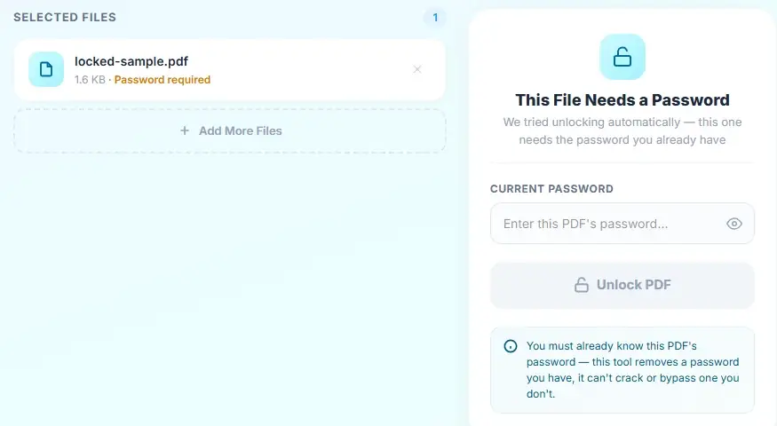 Raha Tools showing a password box for a PDF that needs one, after the automatic check failed