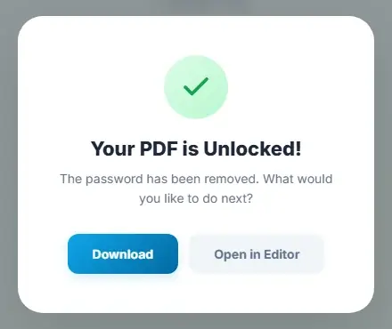 Raha Tools success screen after unlocking a PDF, with Download and Open in Editor buttons